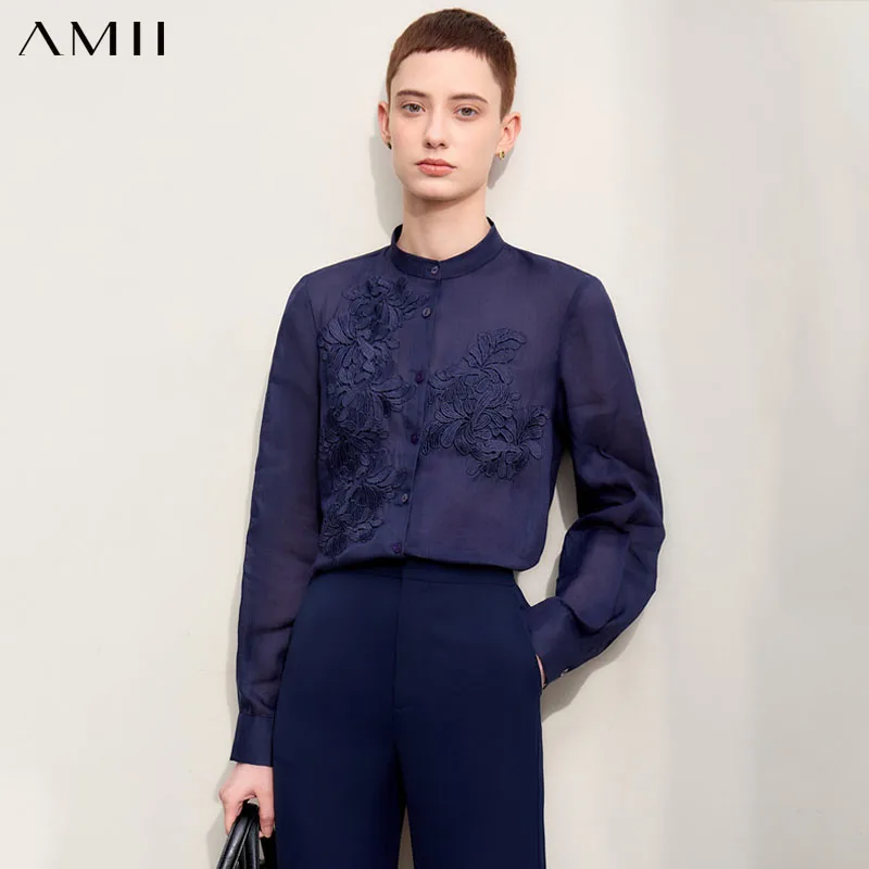 

Amii Minimalism Women Shirts 2024 Autumn New Chinese Stand Collar Lace Decal Shirt Fashion Female Shell Button Blouses 12443001