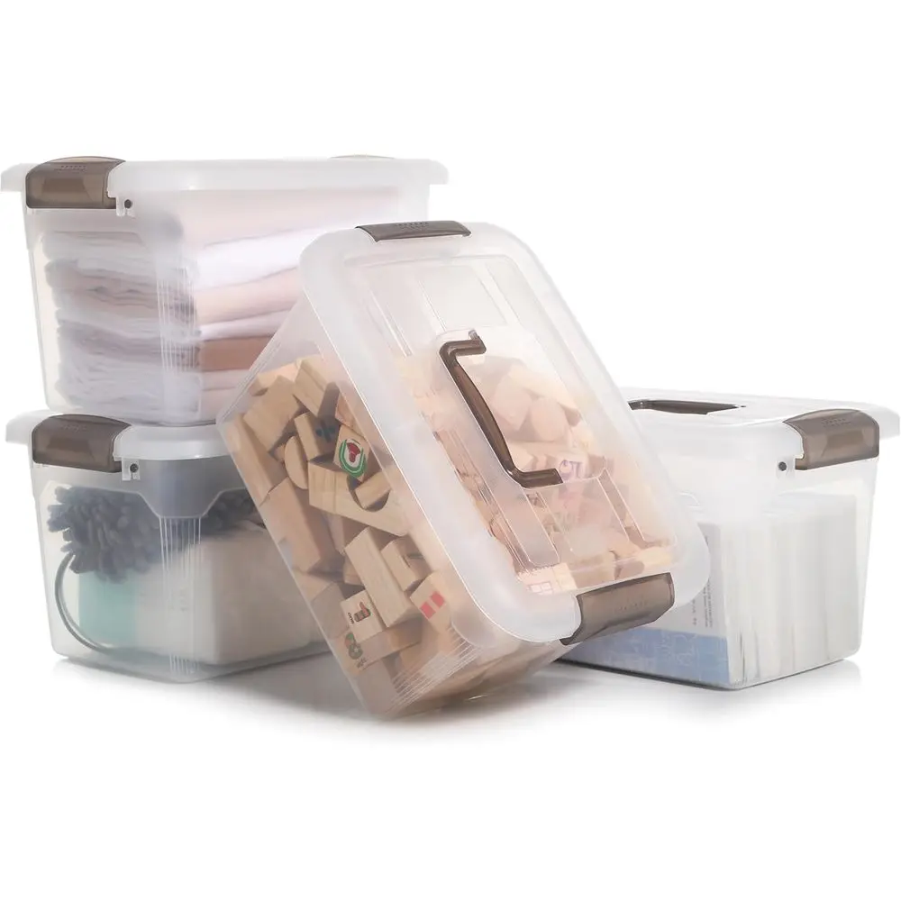 

Stackable 8.5 QT Clear Plastic Storage Bins with Grey Handles for Organizing