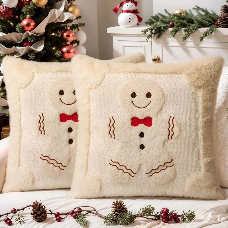 2-Piece Christmas Plush Cushion Cover 3D Embroidery Throw Pillow Cover Festive Holiday Party Sofa Couch Home Decor Pillowcase