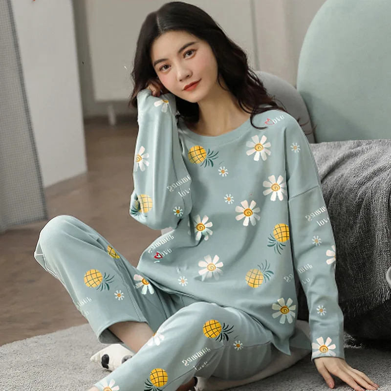 Spring Autumn Pyjamas Big Size 4XL Women Pajamas Print Sleepwear Long-sleeved Homewear Sets Womens Simple Loose Casual Pijamas