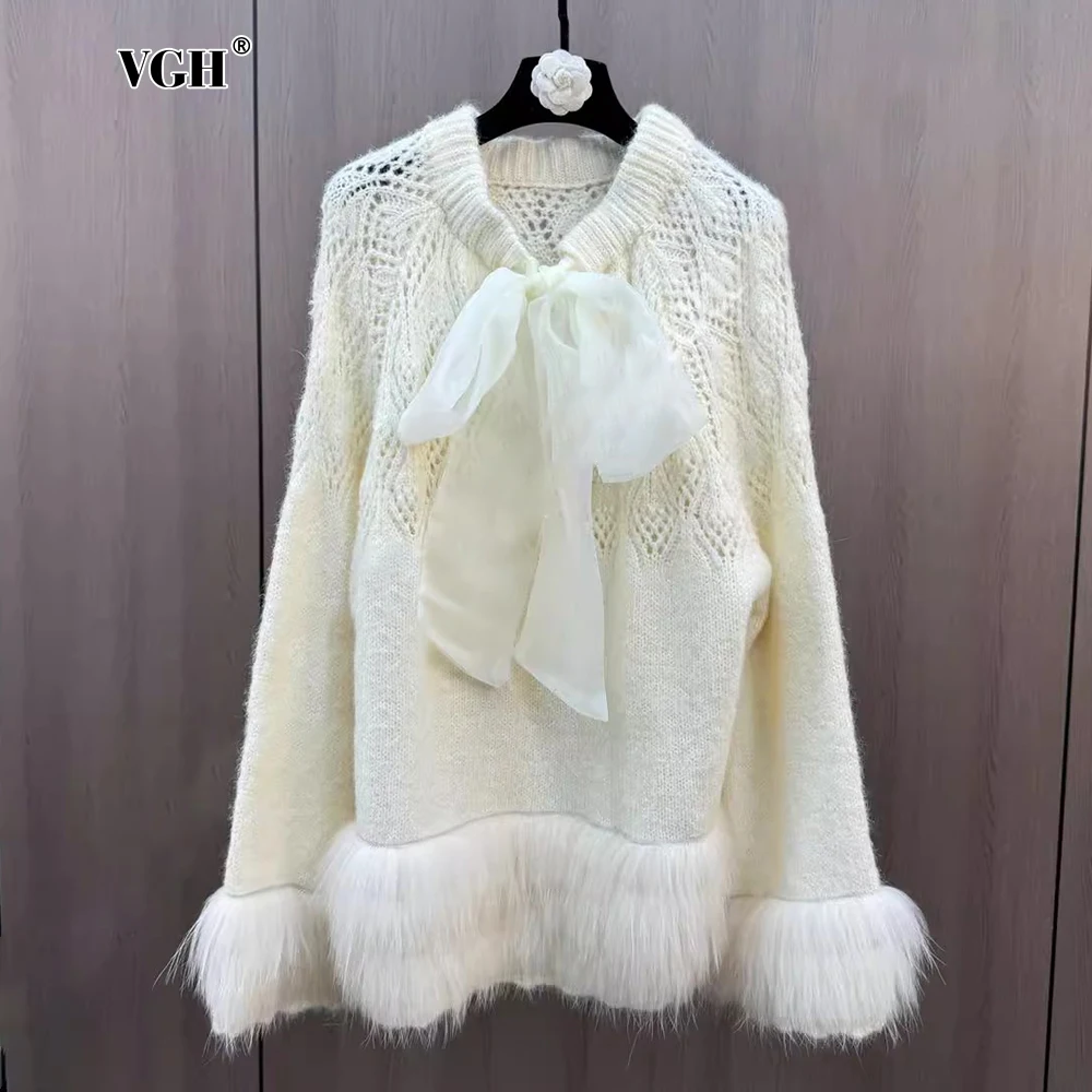 Vgh elegante camisola de inverno feminina o pescoço manga alargamento emendado rendas até temperamento solto malhas de pele moda feminina estilo roupas