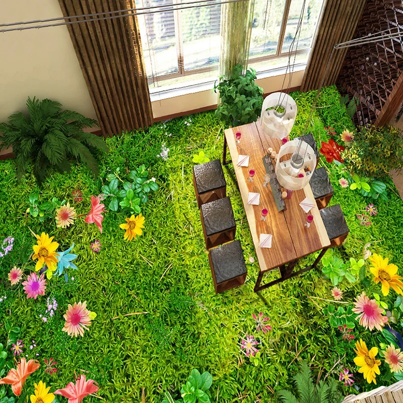 Custom 3D Floor Murals Flowers Grass Lawn Living Room Bedroom Balcony Waterproof Self-adhesive Floor Decor Mural PVC Wallpaper