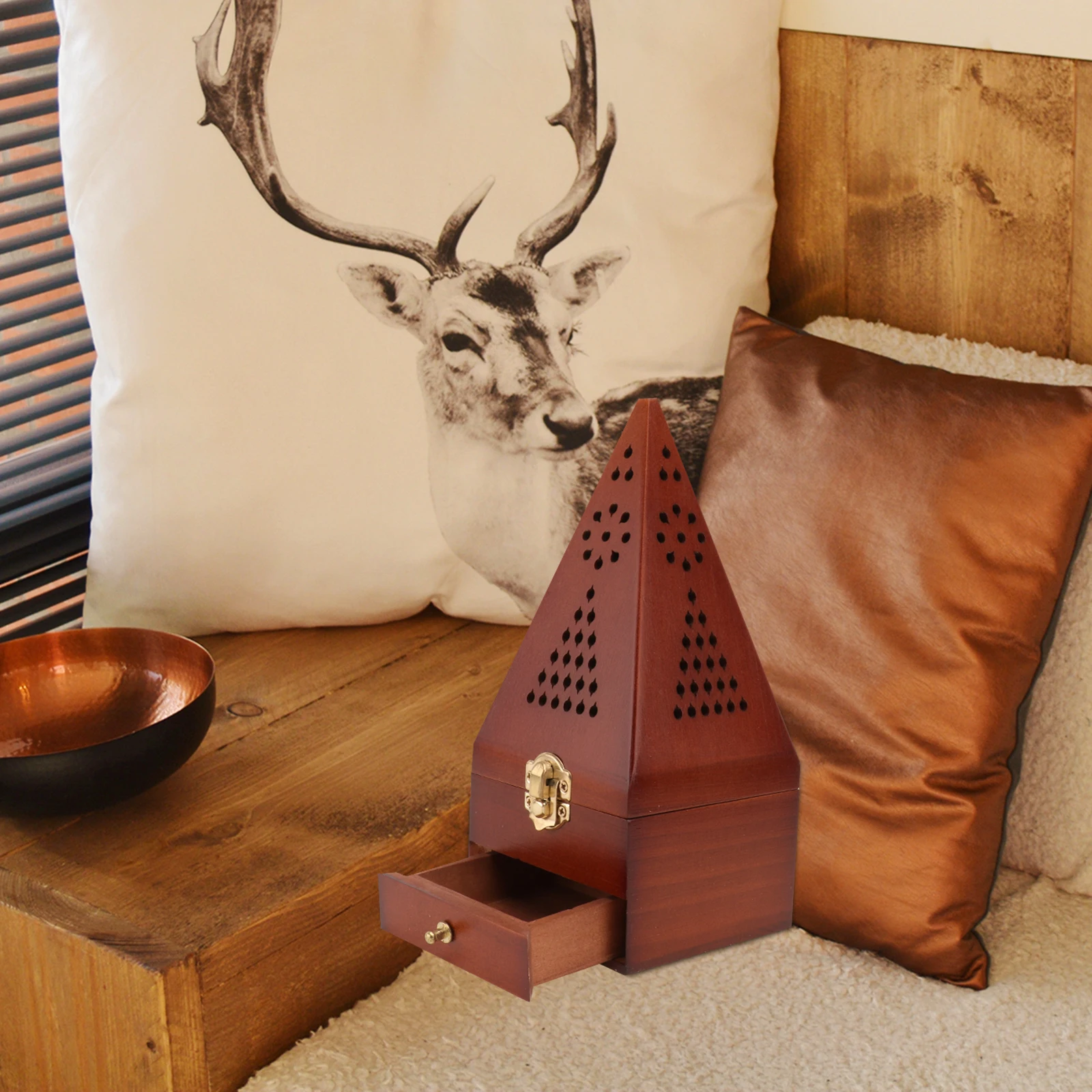 

1pc Simulated Pyramid Incense Burner Wooden Retro Censer Dark Red Sturdy Material Look Delicate Craftsmanship