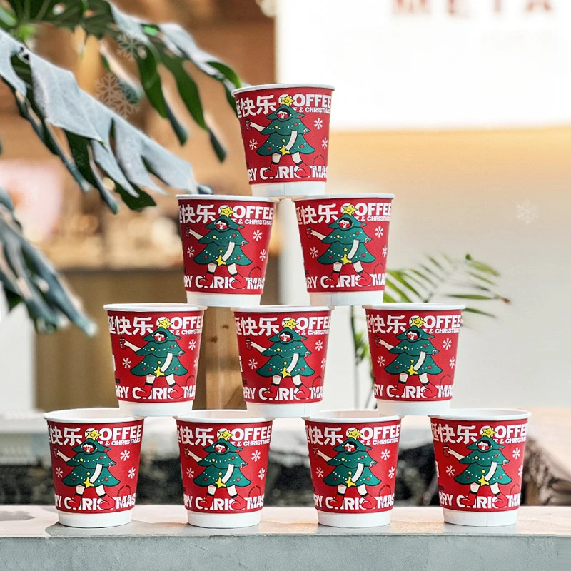 25pcs Christmas Disposable Coffee Paper Cups New Year Holiday Milk Tea Out with Lid Hot Drink Cups Coffee Paper Cups Party Cups