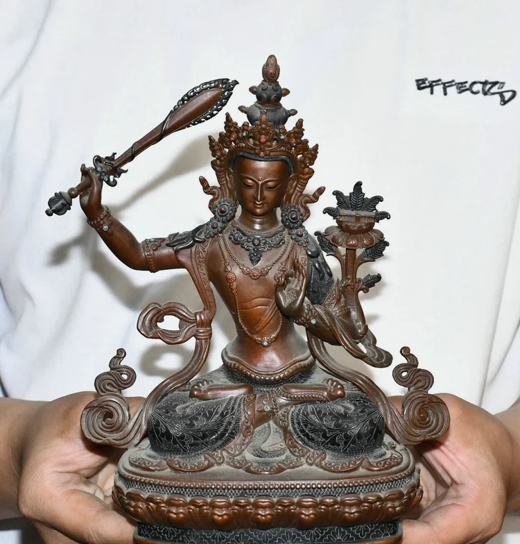 9.4'' Old Tibet Pure Bronze Sit Wenshu Manjushri Hold a Sword Buddha Statue