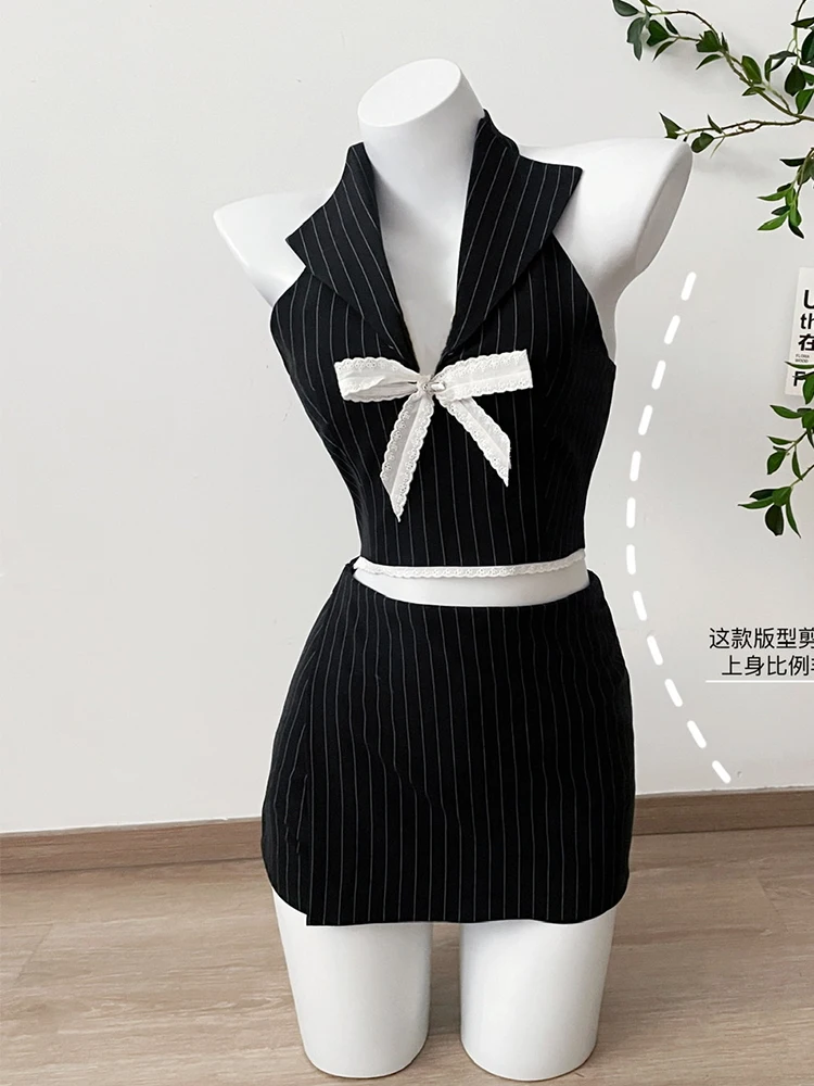 Summer Women Old Money Vacation 2000s Aesthetic Korean Striped Outfits 2 Piece Set Lace Bow Vest Tank Top + Design Mini Skirts