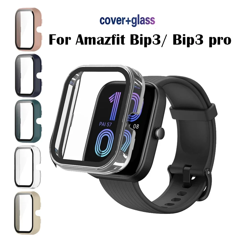 

Screen Protector For Huami Amazfit Bip 3 Bip3 pro Hard PC Frame Bumper Cover Case + HD Slim Tempered Glass Anti-scratch