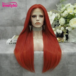 Imstyle-Peluca de cabello sintético con malla frontal para mujer, cabellera Natural de fibra resistente al calor, color rojo jengibre, 24 pulgadas