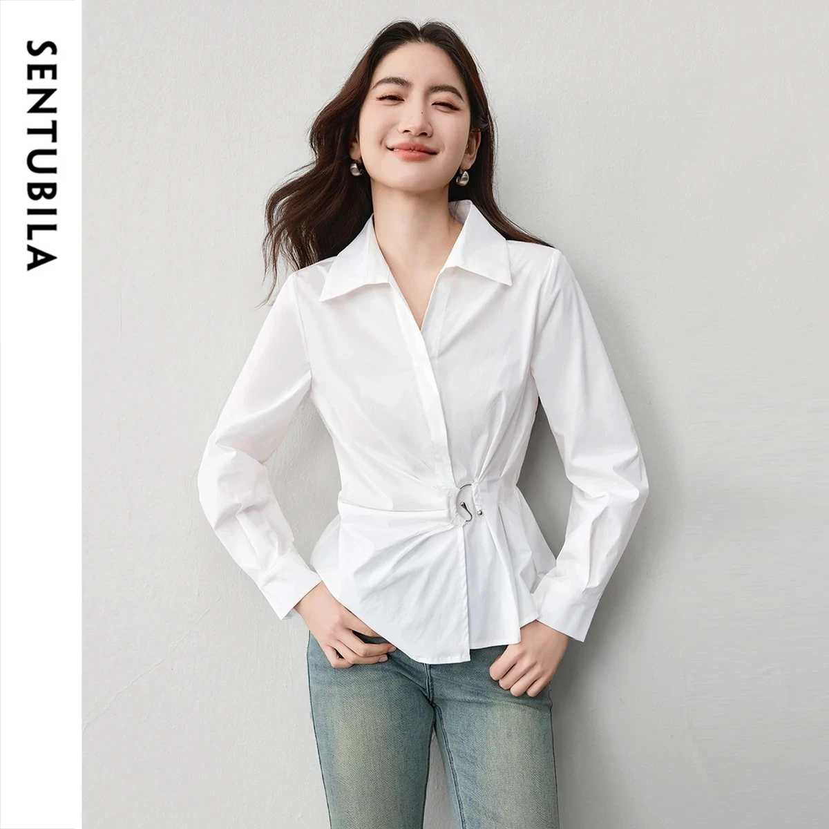 SENTUBILA Women's Blouse Autumn 2026 Lapel Gathered Buckle Design Shirt Long Sleeve Commuter Casual Top for Ladies W53CA2861