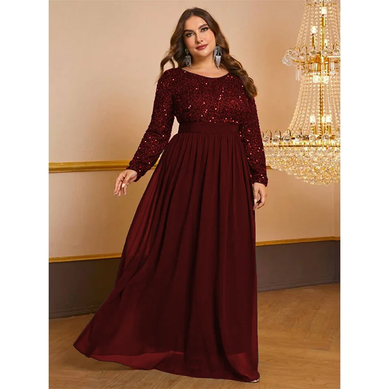 Plus Size Round Neck Sequined Multicolor Shiny Autumn Long Sleeve Dress 5XL 6XL Big Size Shiny Long Elegant Chiffon Dress