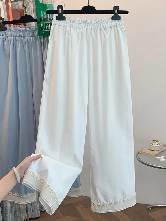 Ele High Waist Wide Leg Pants Women's Summer New Artistic Casual Straight Leg Pants Lace Trim Airy Comfortable Cotton Linen