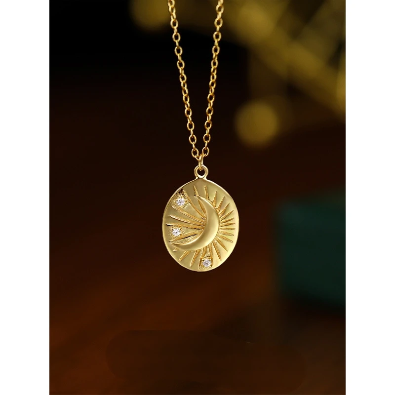 

Dawn's Jewel S925 Sterling Silver Retro Roman Style Metallic Moon Star Disk Zircon Necklace Clavicle Chain Female