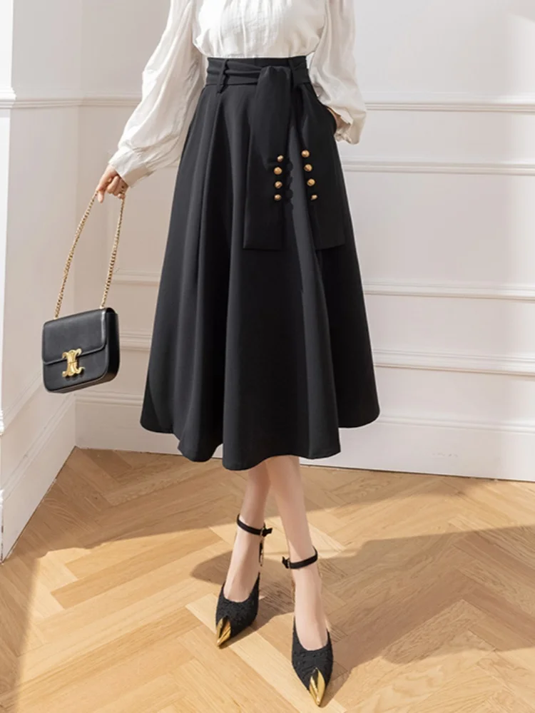 

Новая модная офисная женская элегантная юбка, женская осенняя юбка трапециевидной формы с завязками и высокой талией, однотонная женская одежда