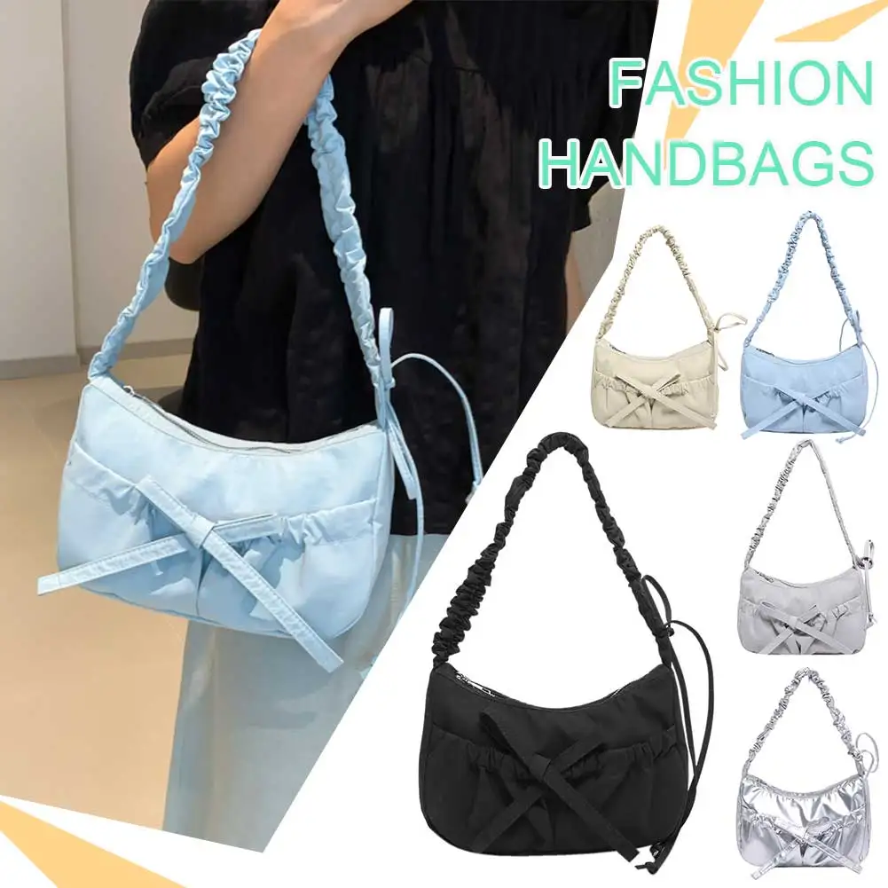 

Women Chic Tote Handbag with Ruched Drawstring Strap Bow Casual Underarm Bag Solid Color Leisure Satchel Bag Ladies Outdoor Bag