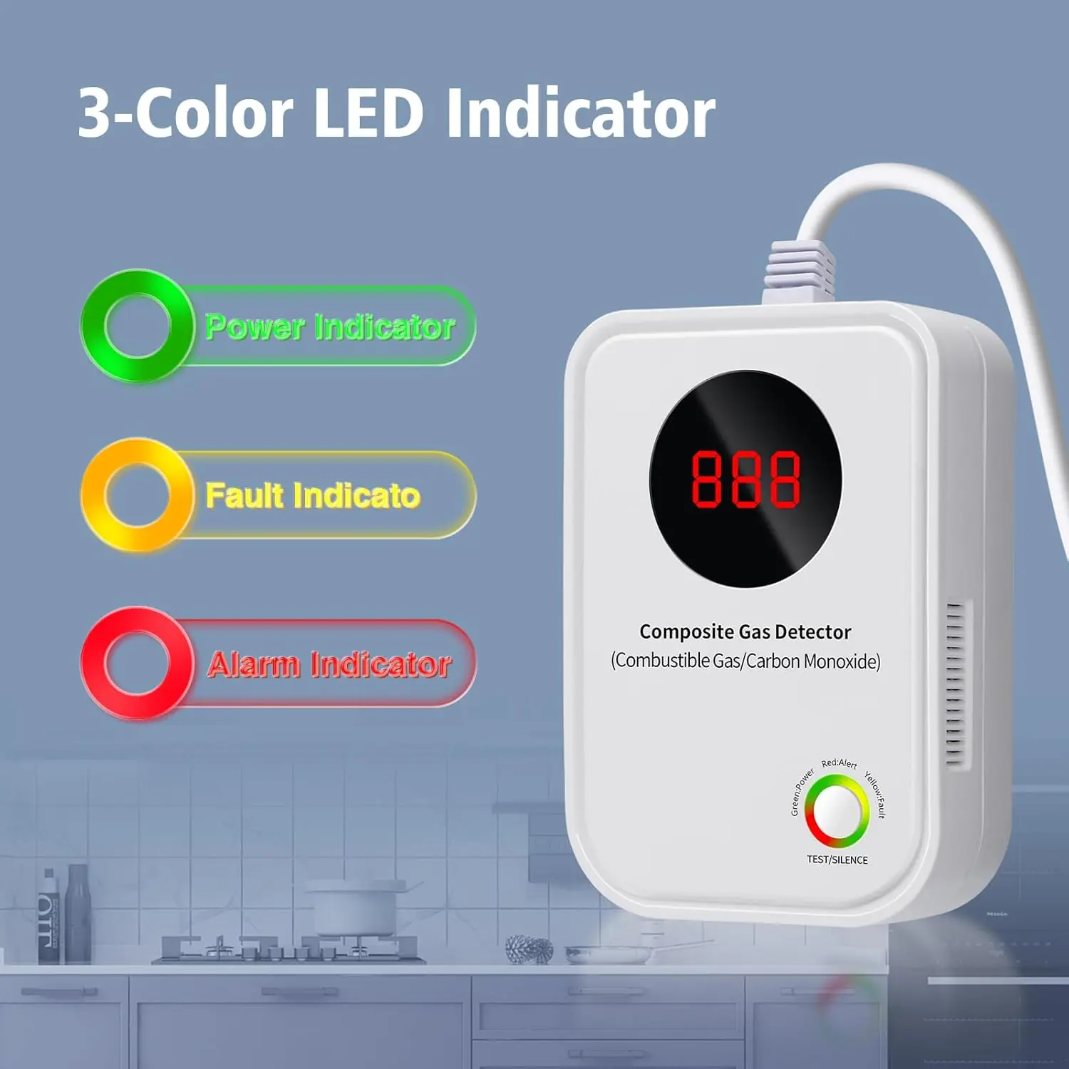 家庭用ガス検知器 - 天然ガス (CH4) および一酸化炭素 (CO) 警報器、音声アラート LCD ディスプレイ付き、壁掛け、プラグアンドプレイ