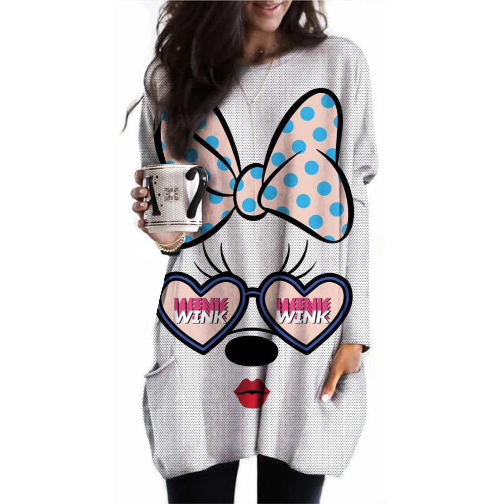 Spring and Autumn women's long sleeved round neck oversized T-shirt 3XL plus size casual Disney Mickey Mouse loose pocket long T