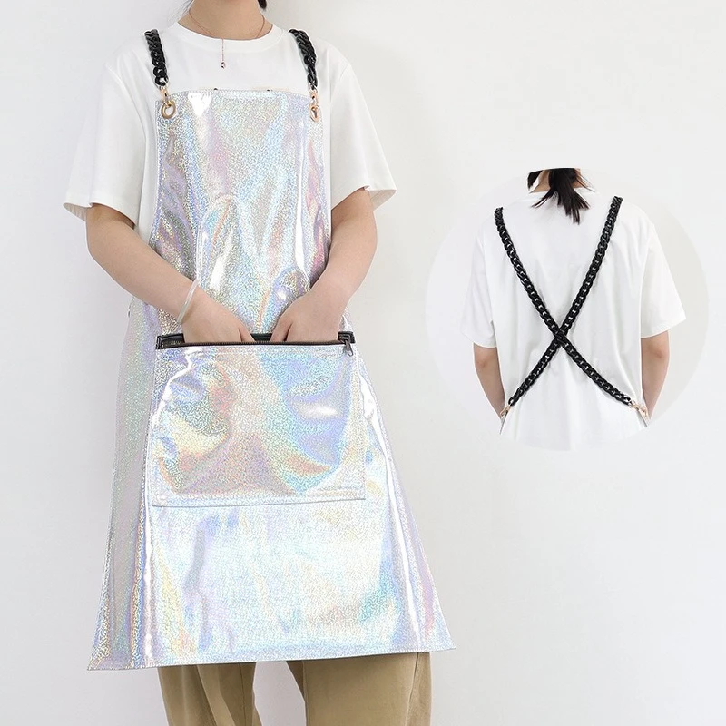 

1pcs Holographic PU Barber Apron Cross Back Adjustable Workwear