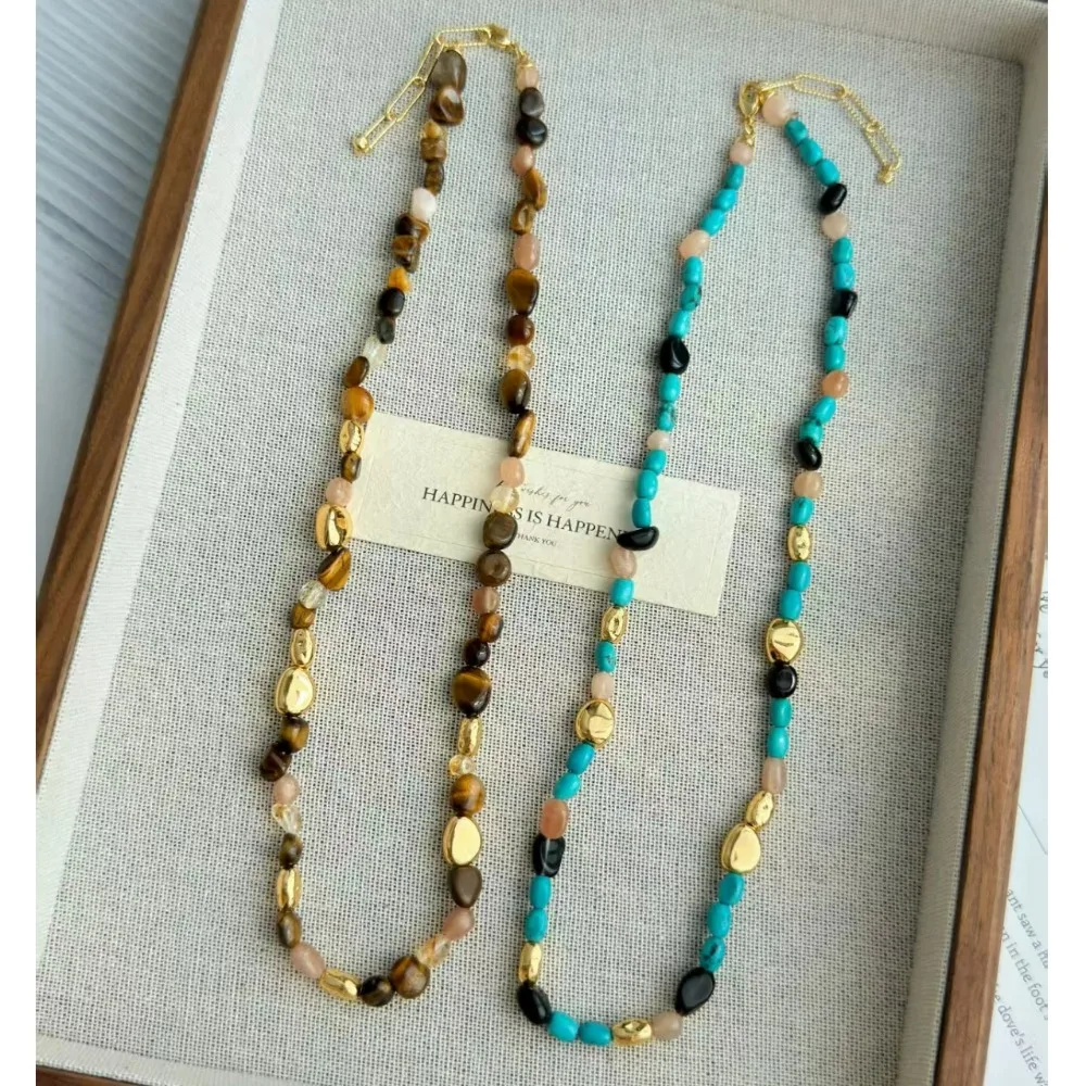 

New High-end Caramel Color Gemstone Tiger Eye Stone Beaded Necklace, Retro Light Luxury Colorful Natural Beaded Clavicle Chain