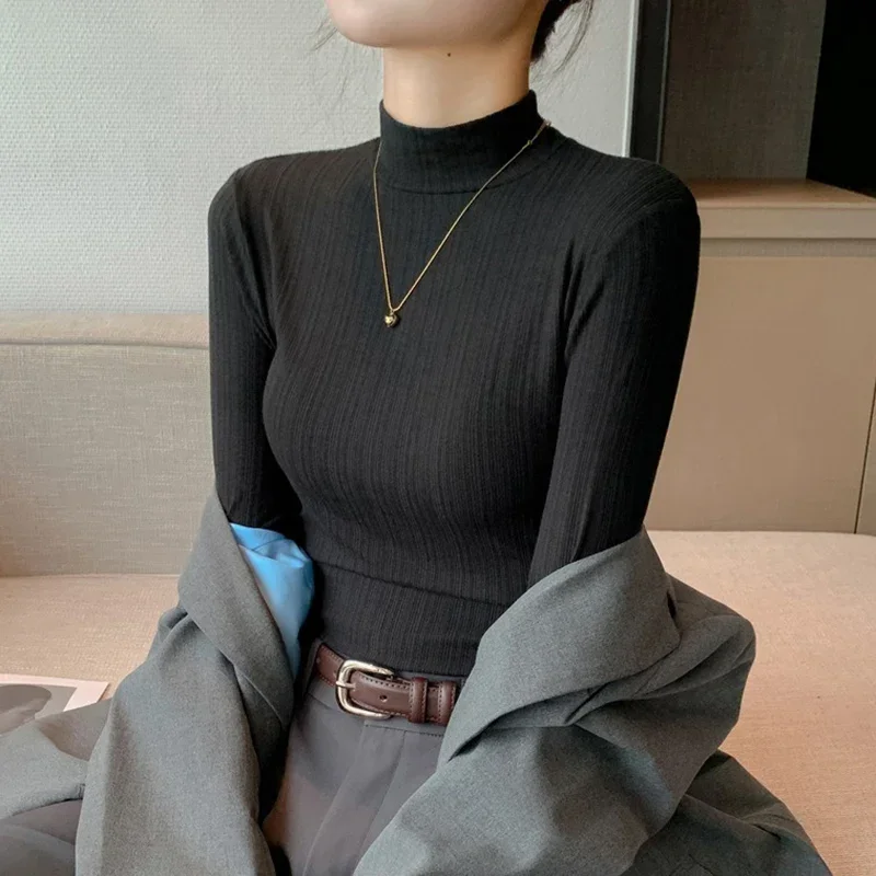 2024 New Women Basic Solid Knitted Tops Lady Fashion Slim Fit Long Sleeve Shirts Clothes Female Daily Soft Green Casual Tops