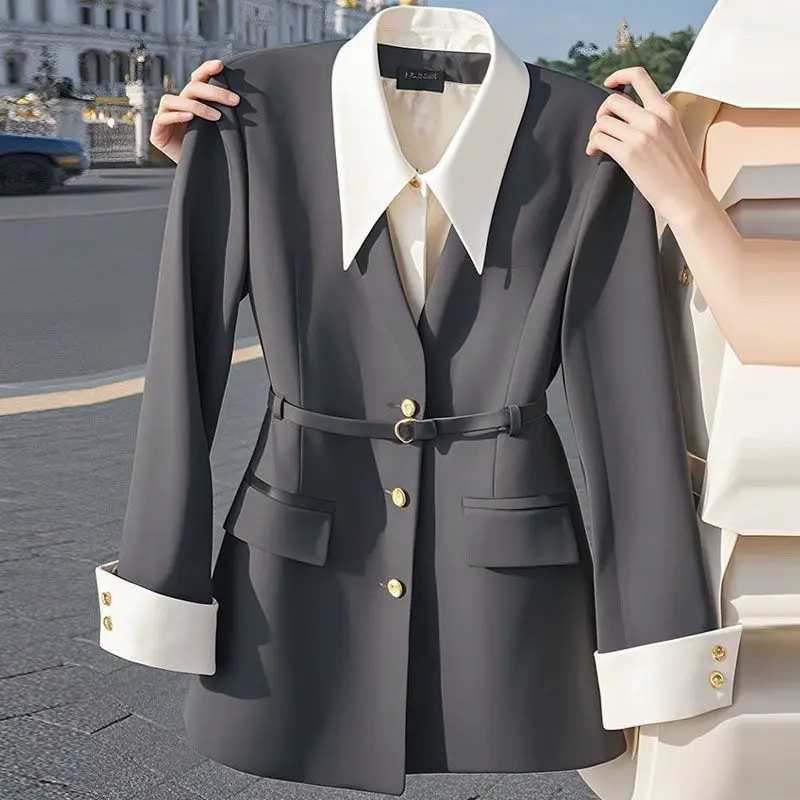 Black Fake Two-Piece Women's Niche Design Korean Style Waist-Cinching Small Blazer