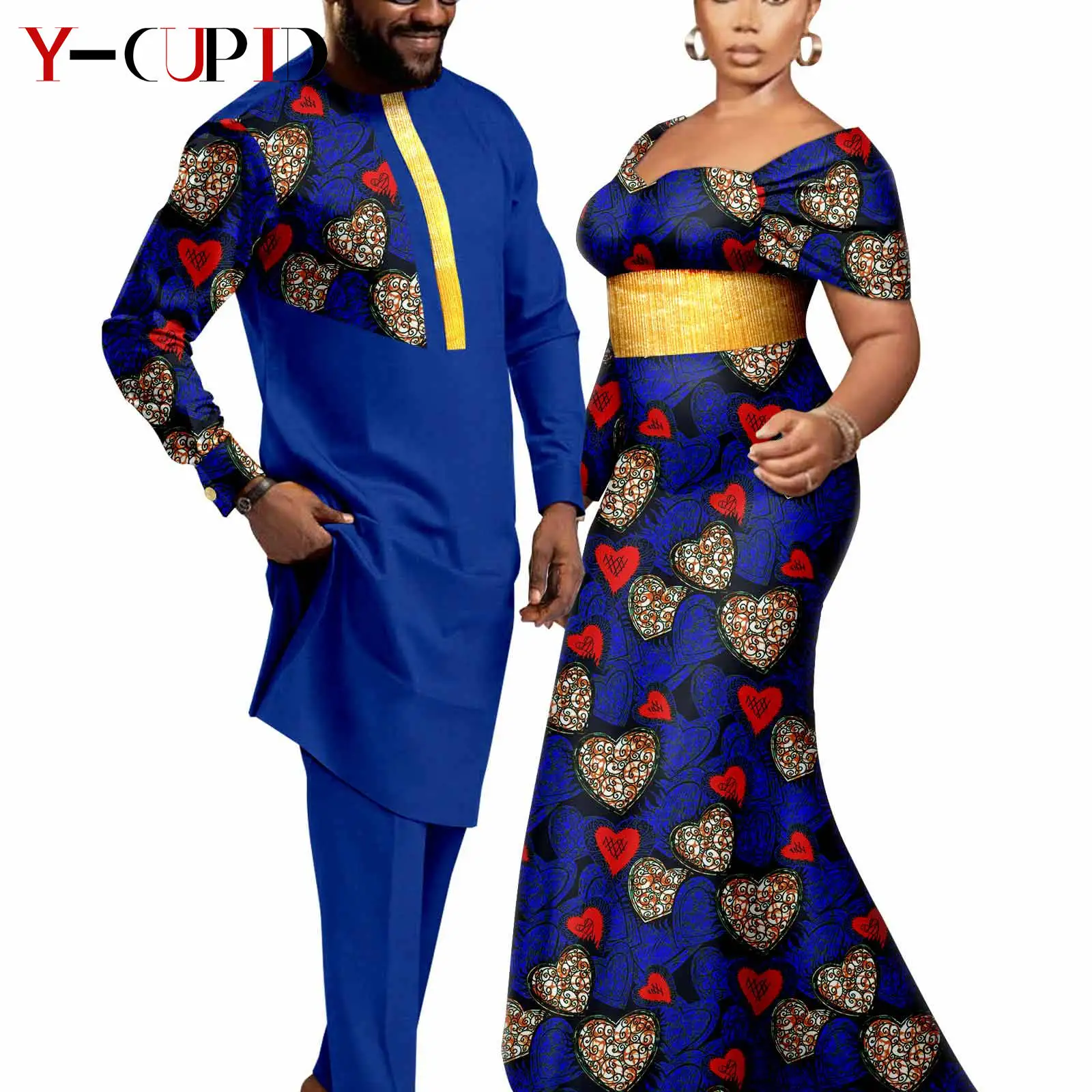 Stylish Matching African Outfits Couples Women Princess Sleeves Long Dresses Bazin Riche Men Outfits Top and Pant Sets Y23C098