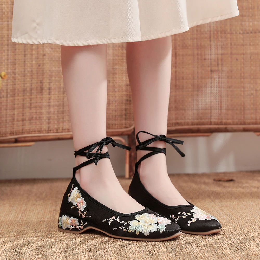 Veowalk Long Ankle Strap Summer Women Gauze Mesh Embroidered Ballet Flats Breathable Comfortable Walking Shoes for Elegant Lady