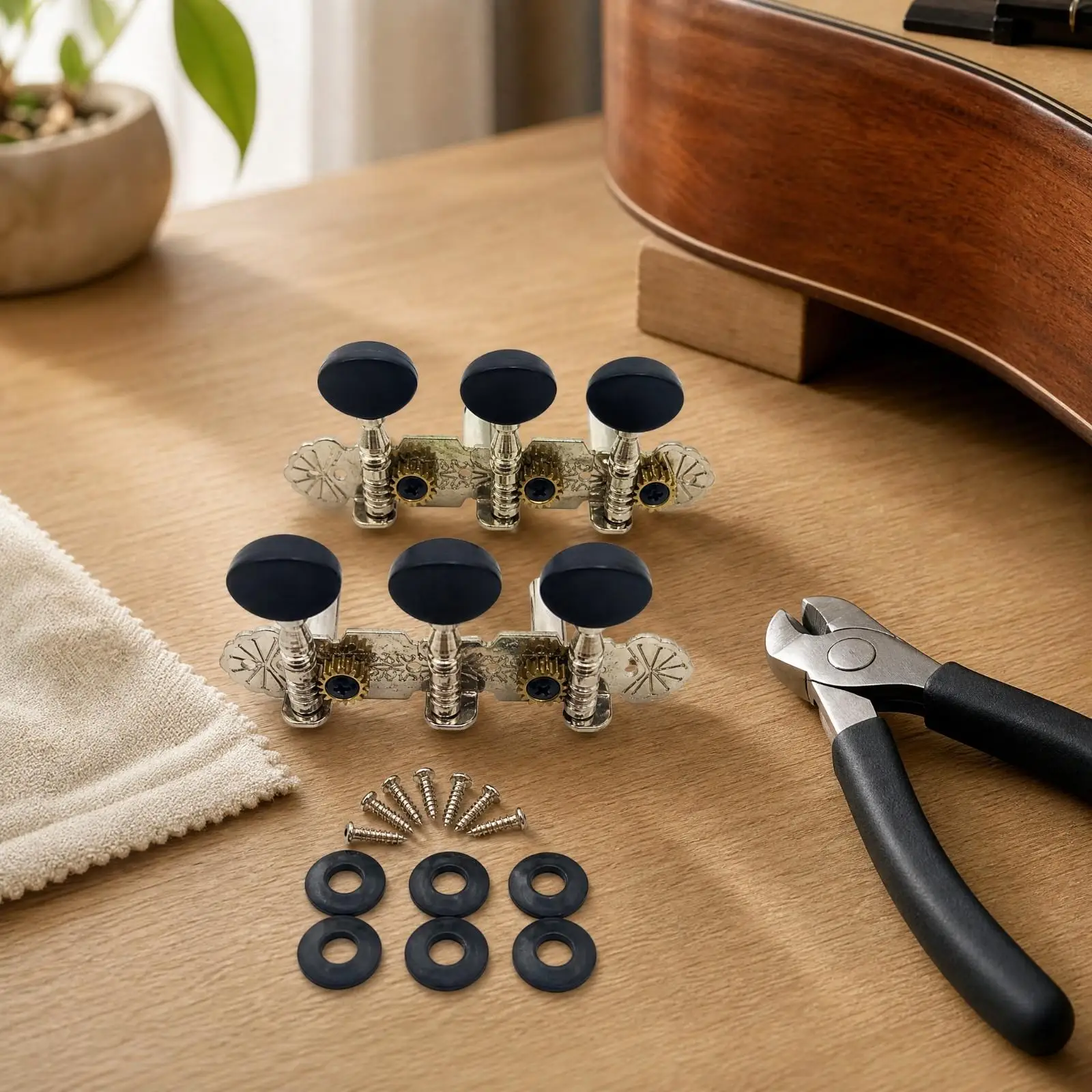 Six String Guitar Tuner Machine Heads with Visible Gear Mechanics and Silver Mounting Plates