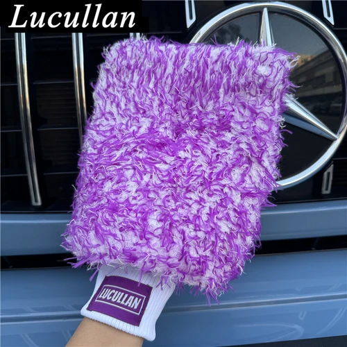 Guante de microfibra morado premium con logotipo de Lucullan, manopla para lavado de autos con forro interior de puntada de espuma súper absorbente