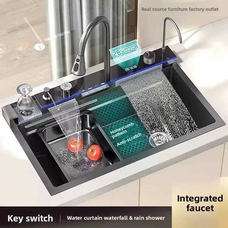 

Thickened Stainless Steel Kitchen Sink Double Layer Nano Spillway Drain Sensor Ceramic Sink Basin with Honeycomb Drains Sink