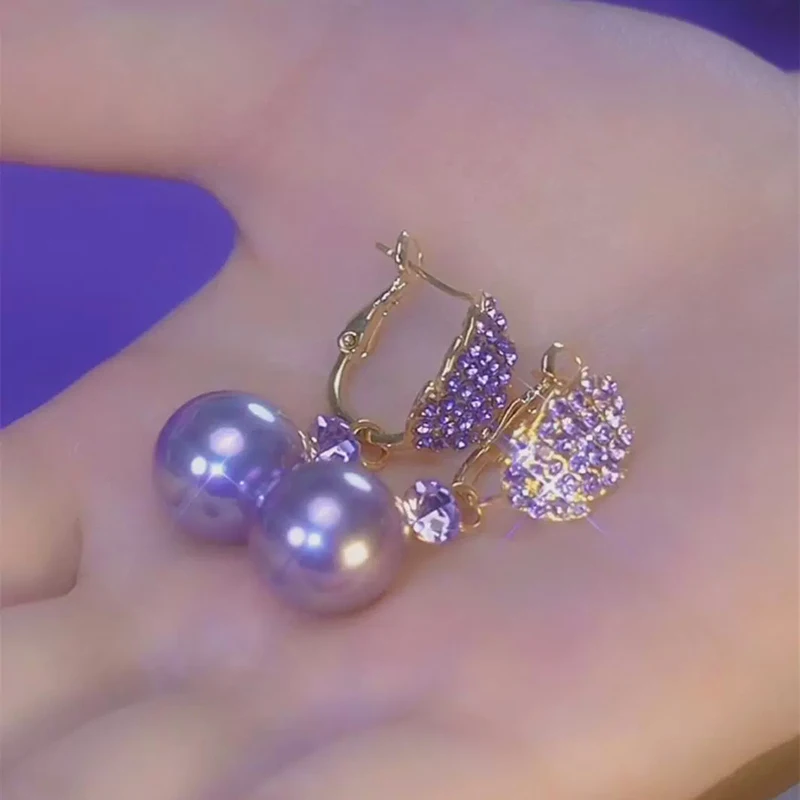 Unique Design Purple Rhinestone Leaf Pearl Pendant Earrings for Women New Elegant Exquisite Temperament Girls Daily Wear Jewelry