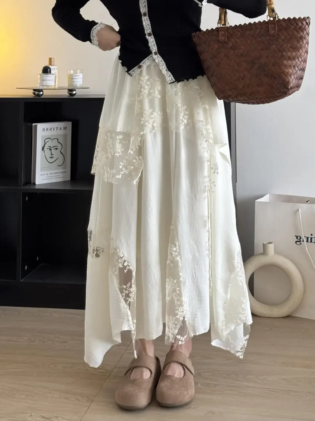 Apricot Heavy Lace Spliced Mesh Skirt for Women, Summer Fashion College Style Irregular Long Dress