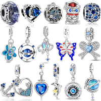 Blue 925 Sterling Silver Galaxy Star & Moon Murano Charm Fit Original Bracelet Lucky Cyan Clover Charm DIY Necklace Jewelry