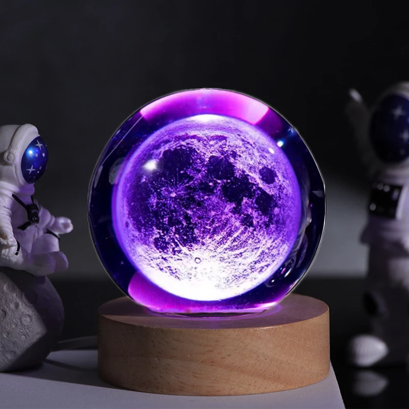 3D Moon Laser engraved crystal ball Colorful night light, birthday girlfriend classmate wife children christmas day gift bedroom