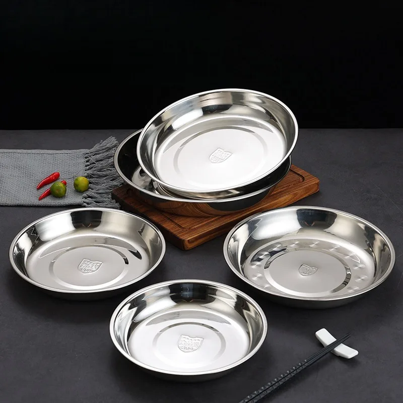 

Круглая тарелка из нержавеющей стали 304, сверхмощная неглубокая тарелка, кухня, ресторан, отель, нескользящая полированная еда, сервировка фруктов