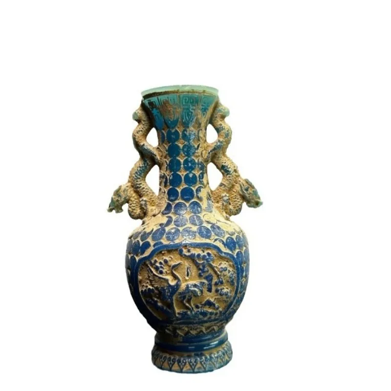 Hibiscus stone antique two-eared dragon bottle gilt handicraft rare stone rough stone  carving home office housewarming