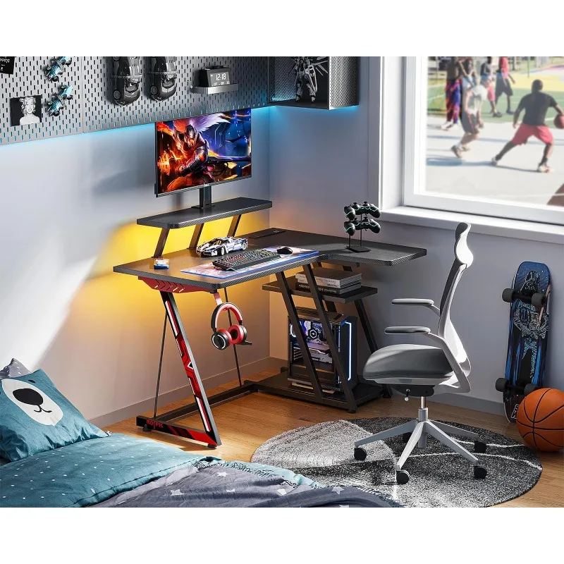 Small Gaming Desk with LED Lights & Power Outlets, 39 Inch L Shaped Gaming Computer Desk with Storage Shelf, Gamer Desk