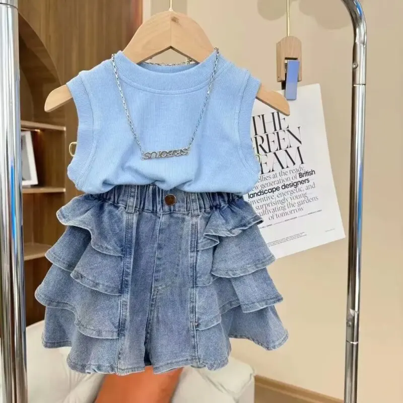 Spring Girls Suit Kids Top + Ripped pearl Denim Pants 2pcs Clothing Set Clothes Outfit 3 4 5 T 2022 New