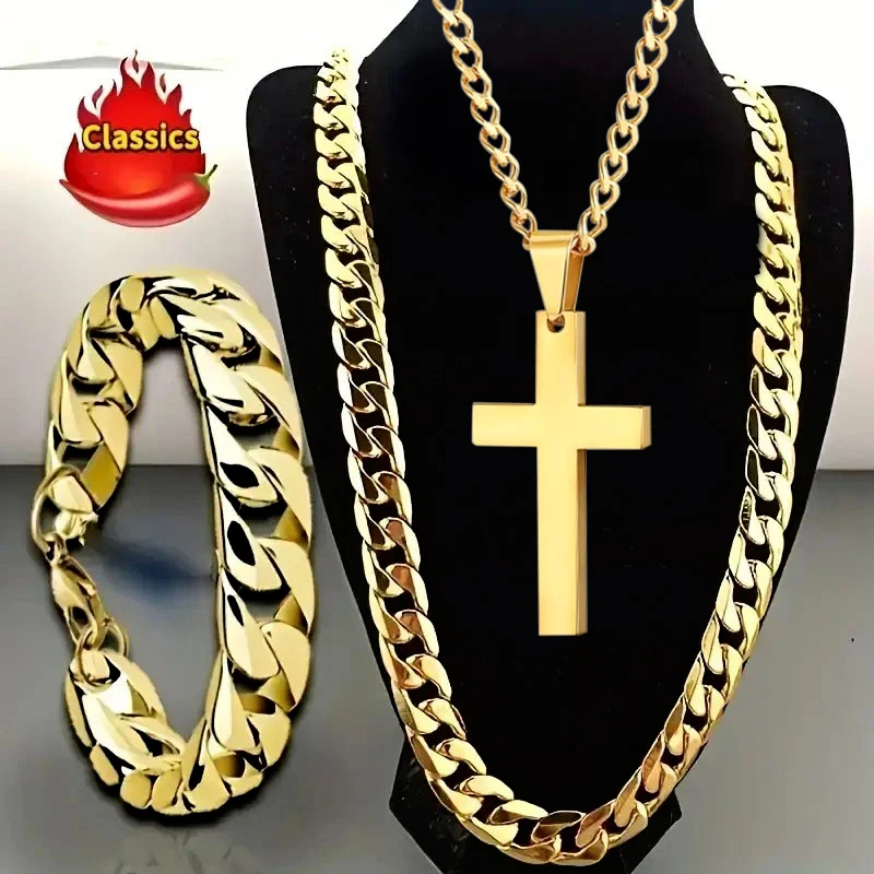 4Pcs Men Jewelry Set Black Cuban Link Chain Cross Pendant Necklace Bracelet Hip Hop Street Accessories