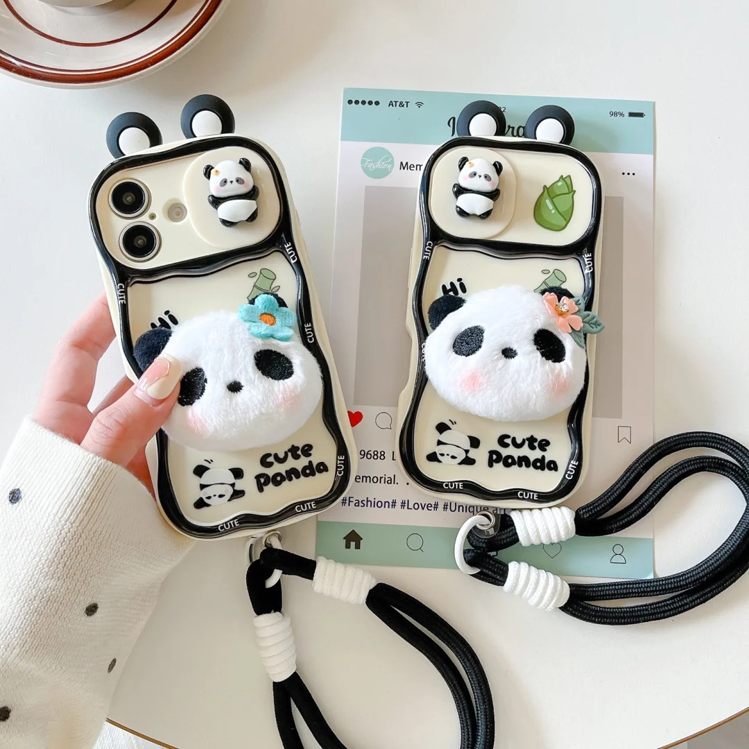 

3D Cat ears Plush panda animal Phone Case For iPhone 15 17 13 14 12 11 Pro Max 15 16 Plus camera protection Cover with Lanyard﻿﻿