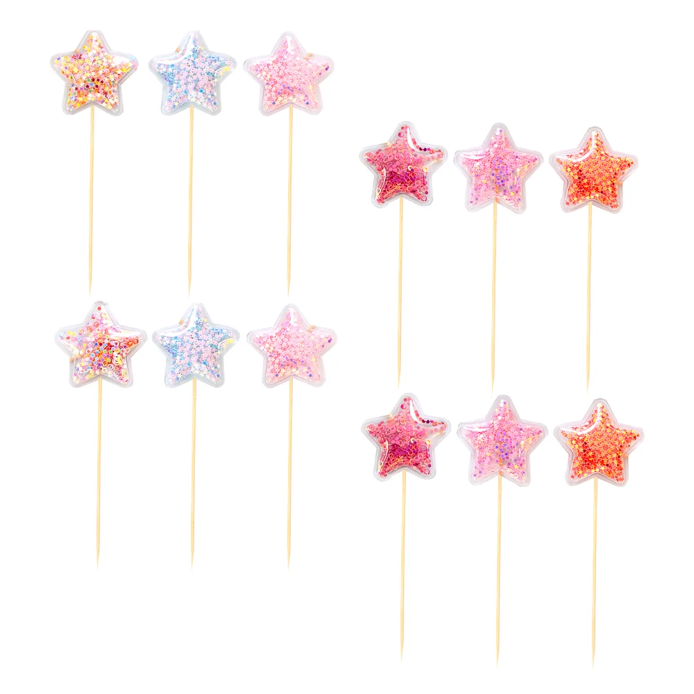 

12pcs Five Pointed Star Card Inserts Sequin Cake Picks Topper Party Decorations For Birthday Cupcake Cake Celebrations Enhance