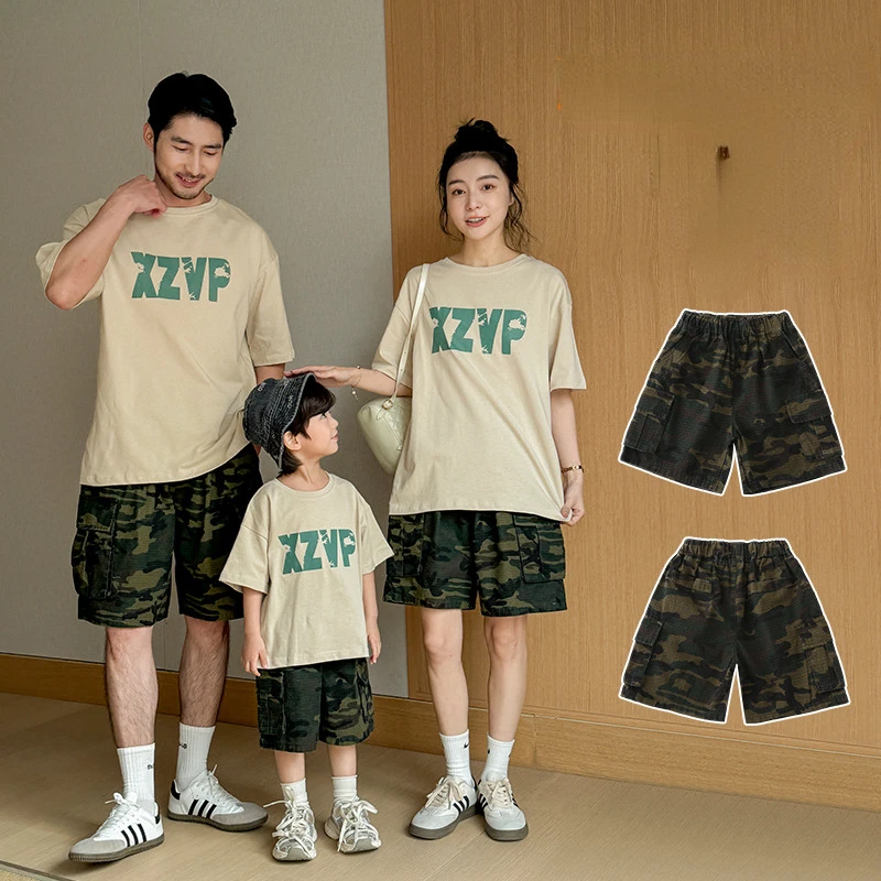 

Korean Fashion Father Mother and Son Daughter Same Shorts Family Camouflage Pants Dad Mom and Children Equal Clothes 2024 Summer