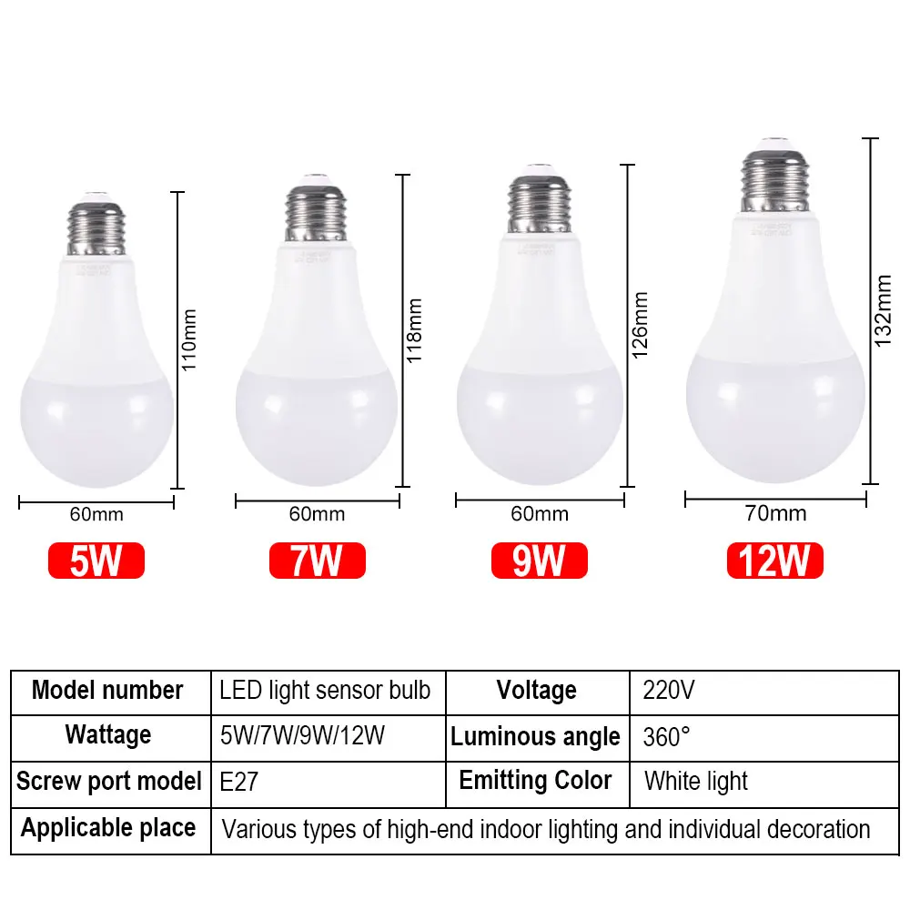 LED Bulb E27 5W 7W 9W 12W Dusk to Dawn Light Bulb 85-265V Security Light Automatic Light Sensor Outdoor Light Lighting