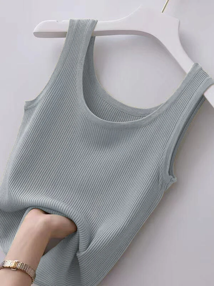 

Tank Tops Women Vest Knitted Camis U-neck Sleeveless High Quality Thread Casual Solid Color Basic Camisole For Female