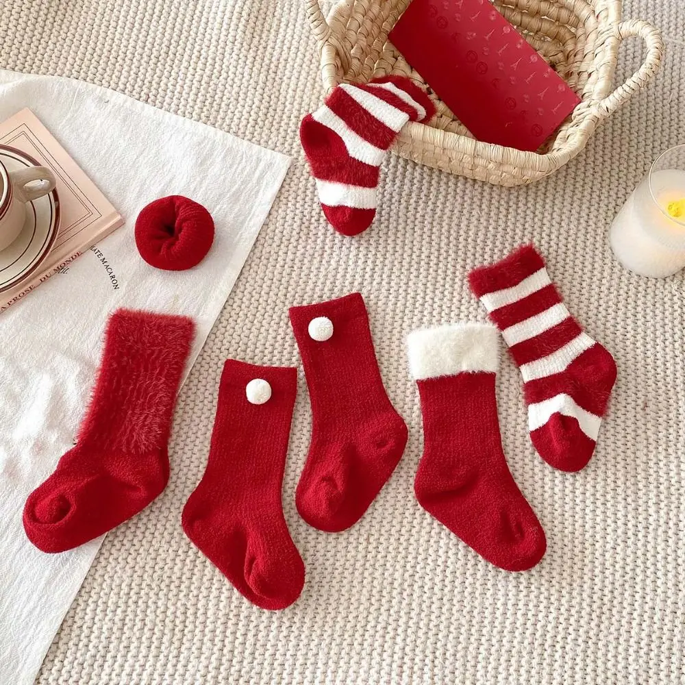 5켤레 코튼 새해 빨간 양말 스트라이프 행운의 아기 플러시 빨간 양말 두꺼운 따뜻한 유아 양말 유아용 튜브 양말