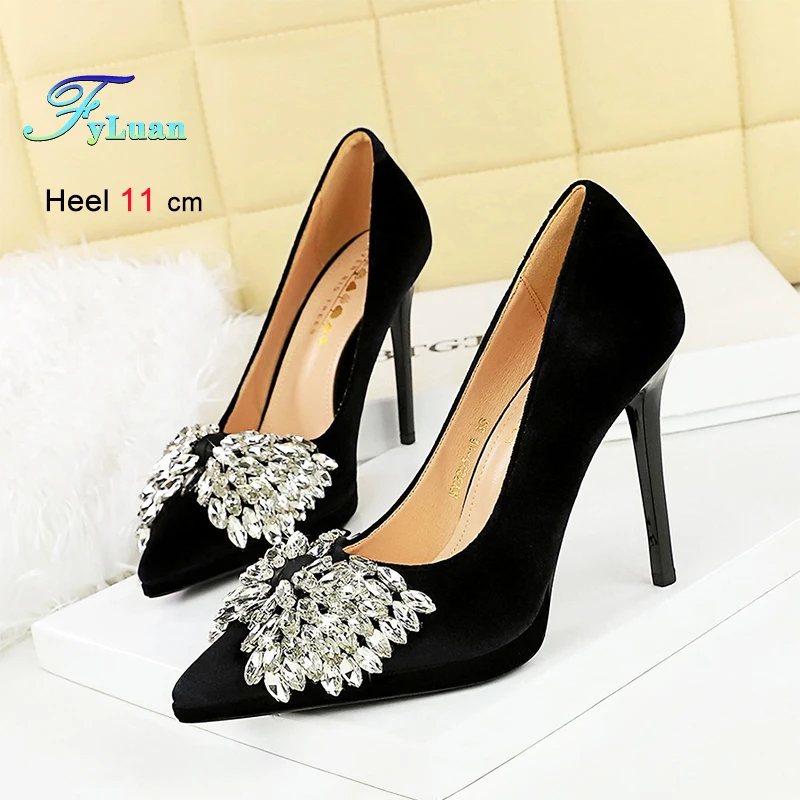 

2025 New Super High Heels 11cm Women's Shoes Butterfly-Knot Rhinestone Pumps Pointed Toe Stiletto Sexy Banquet Shoes Size 35-43
