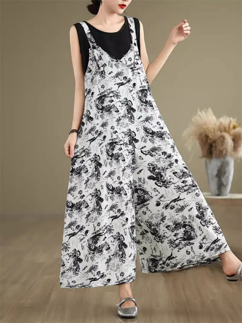 Ink Painting Jumpsuit Versatile Shoulder Strap Pants 2024 Summer Loose Oversized Chinese Style Wide Leg Trousers For Women K1674