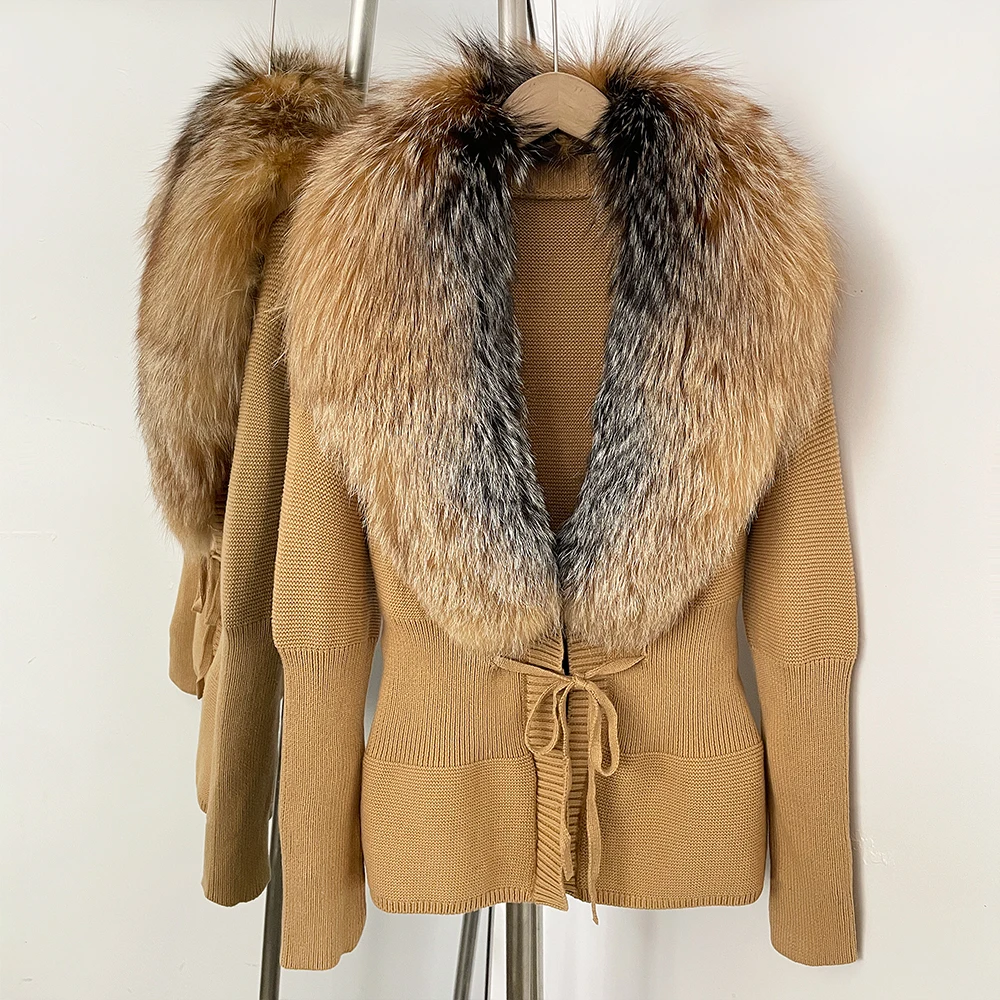 Knitwear Real Fur Jacket Cardigan for Women Luxury Sweater Fur Detachable Patchwork Knitted Fur Collar Lace Sweater Fur Coat