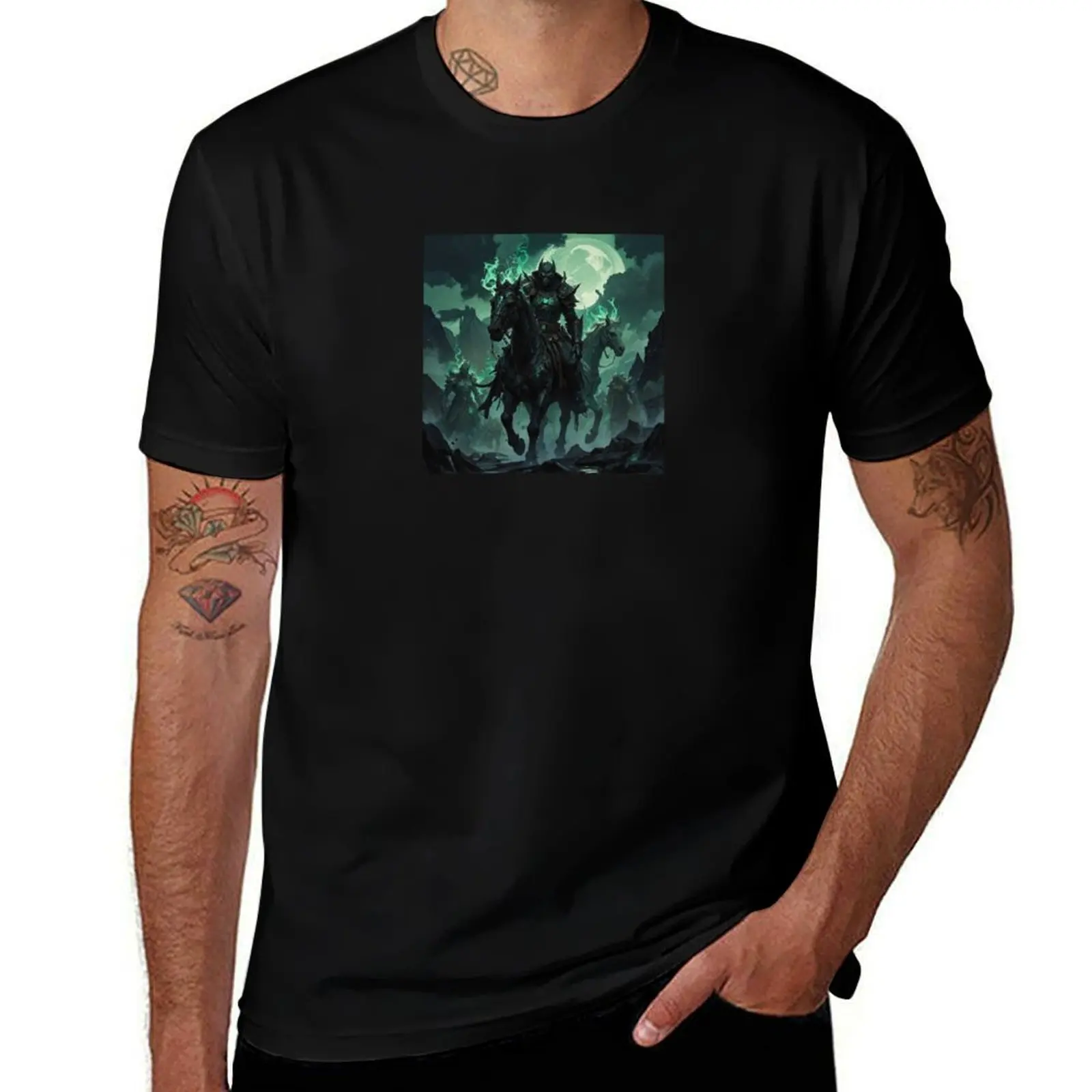 

Dark knights clad in armor ride through a mystic landscape T-Shirt man clothes sports fans tshirts for men