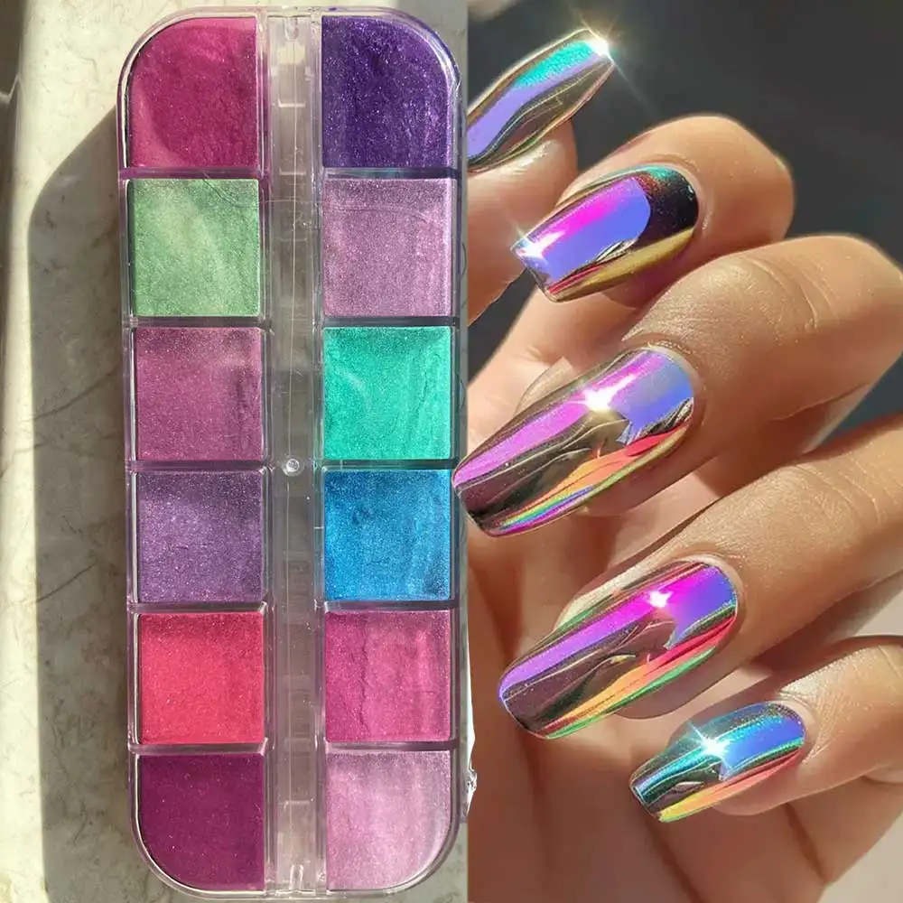 12 Grids Mirror Effect Mermaid Nail Powder Holographic Pearl Chrome Pigment Fine Glitter Dipping Powder Nail Crafts Supplies