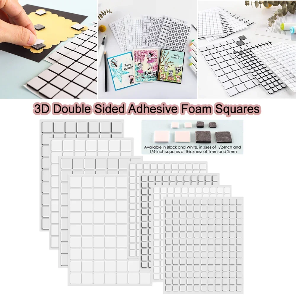 6 Sheets Black White 3D Double Sided Adhesive Foam Square 1-2mm Permanent Sticky Dimensional Adhesives For Card Making Handmade